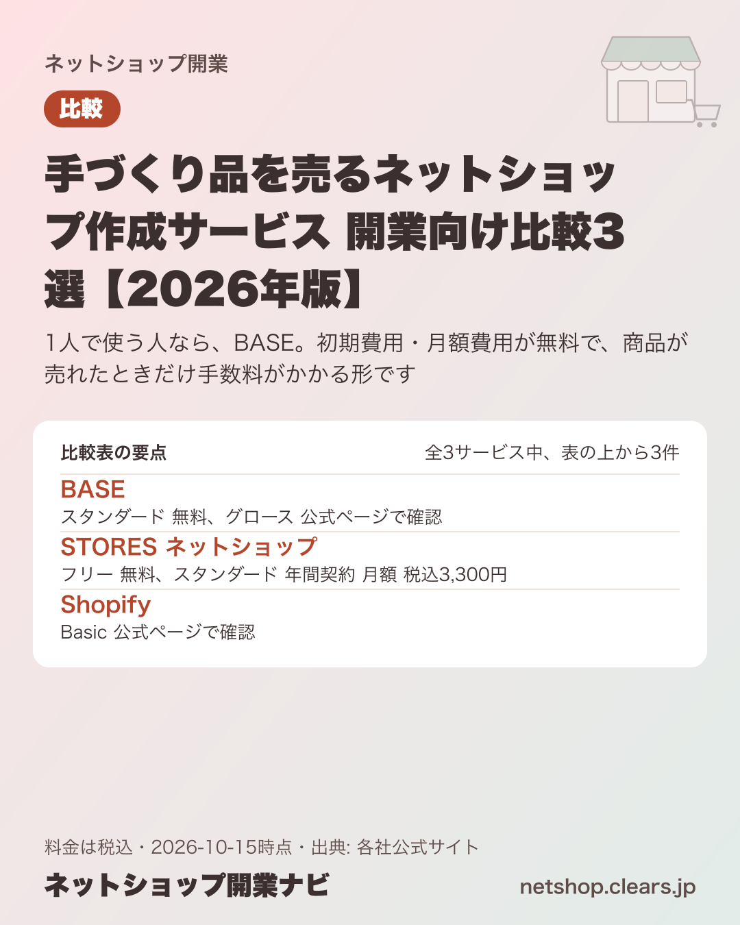 手づくり品を売るネットショップ作成サービス 開業向け比較3選【2026年版】の比較表の要点