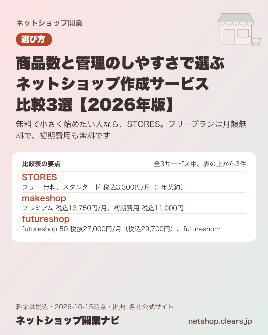 商品数と管理のしやすさで選ぶネットショップ作成サービス 比較3選【2026年版】の比較表の要点