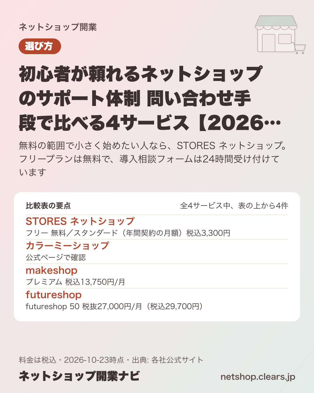 初心者が頼れるネットショップのサポート体制 問い合わせ手段で比べる4サービス【2026年版】の比較表の要点
