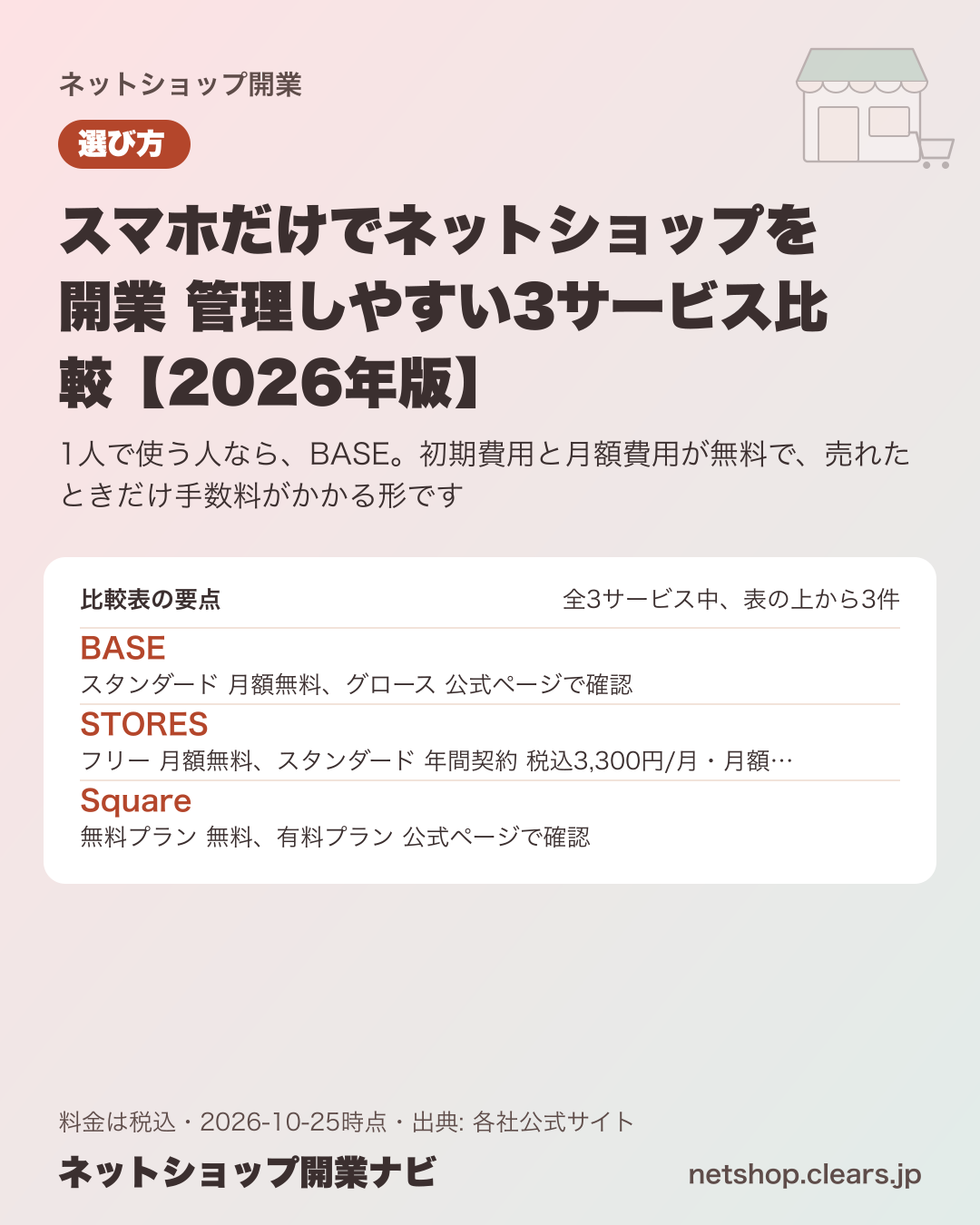 スマホだけでネットショップを開業 管理しやすい3サービス比較【2026年版】の比較表の要点