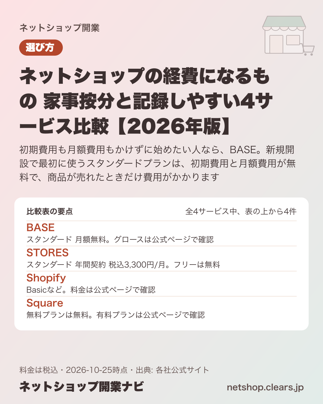 ネットショップの経費になるもの 家事按分と記録しやすい4サービス比較【2026年版】の比較表の要点