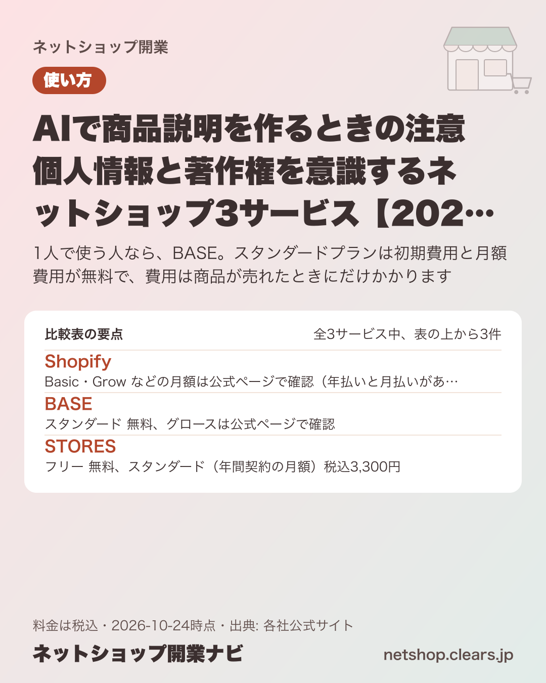 AIで商品説明を作るときの注意 個人情報と著作権を意識するネットショップ3サービス【2026年版】の比較表の要点