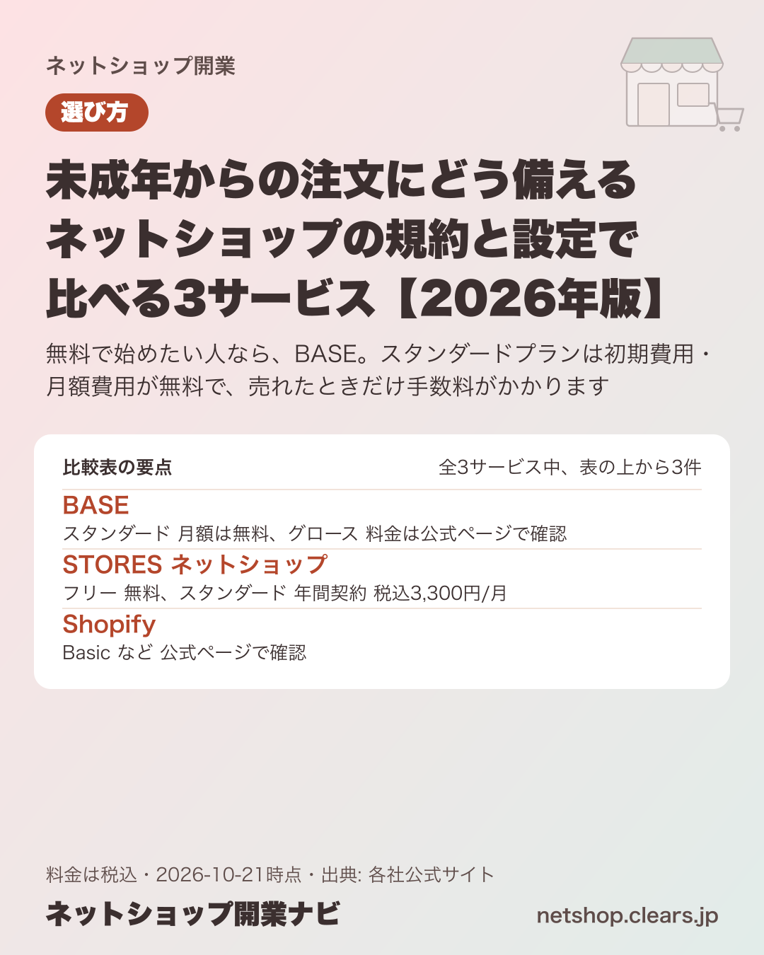 未成年からの注文にどう備える ネットショップの規約と設定で比べる3サービス【2026年版】の比較表の要点