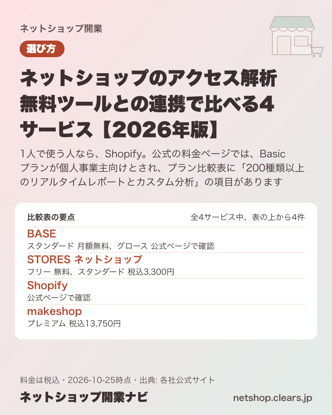 ネットショップのアクセス解析 無料ツールとの連携で比べる4サービス【2026年版】の比較表の要点