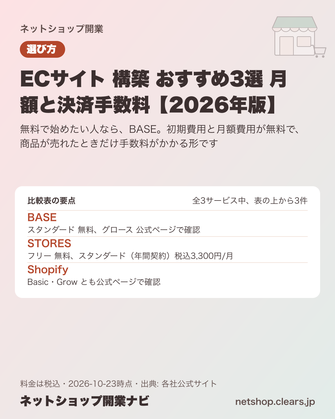 ECサイト 構築 おすすめ3選 月額と決済手数料【2026年版】の比較表の要点