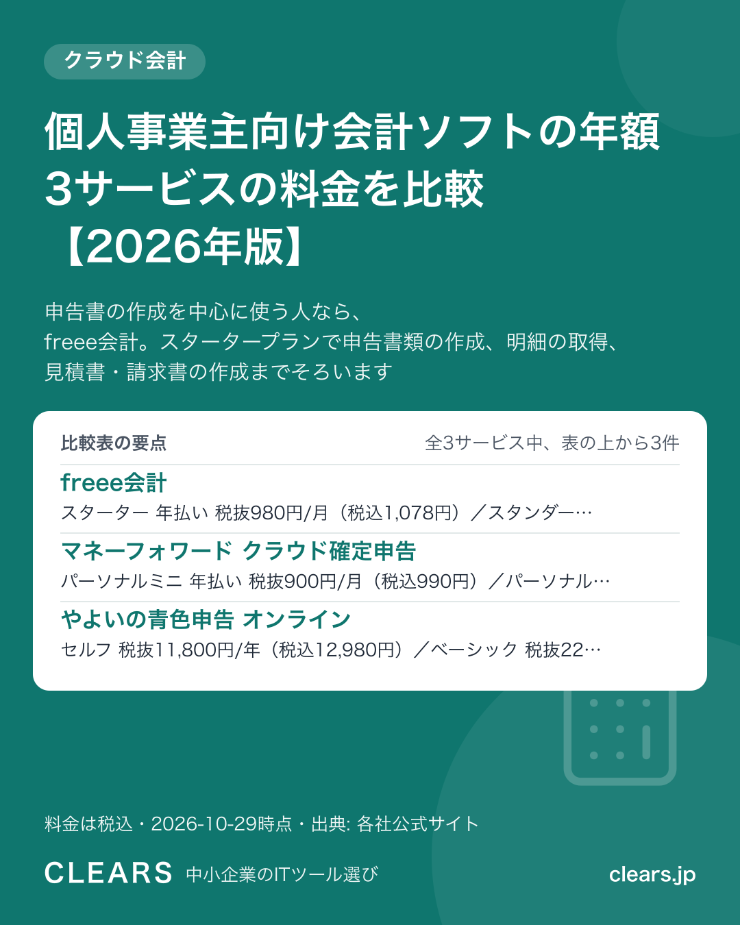 個人事業主向け会計ソフトの年額 3サービスの料金を比較【2026年版】の比較表の要点