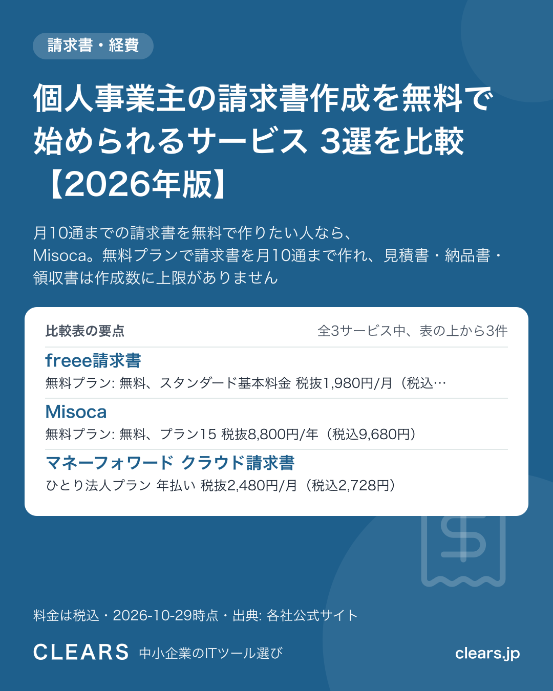 個人事業主の請求書作成を無料で始められるサービス 3選を比較【2026年版】の比較表の要点