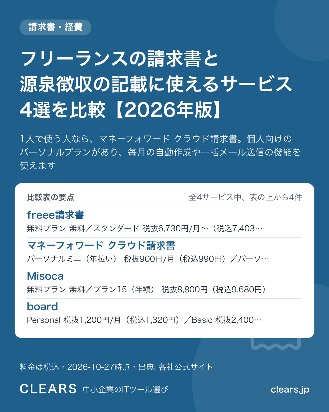 フリーランスの請求書と源泉徴収の記載に使えるサービス 4選を比較【2026年版】の比較表の要点