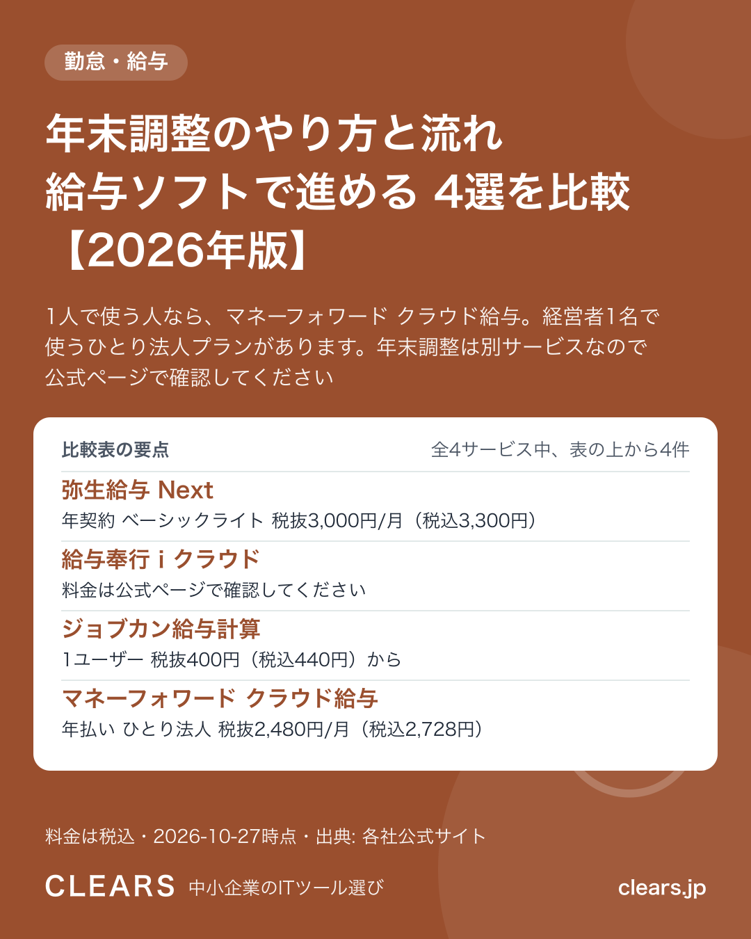 年末調整のやり方と流れ 給与ソフトで進める 4選を比較【2026年版】の比較表の要点