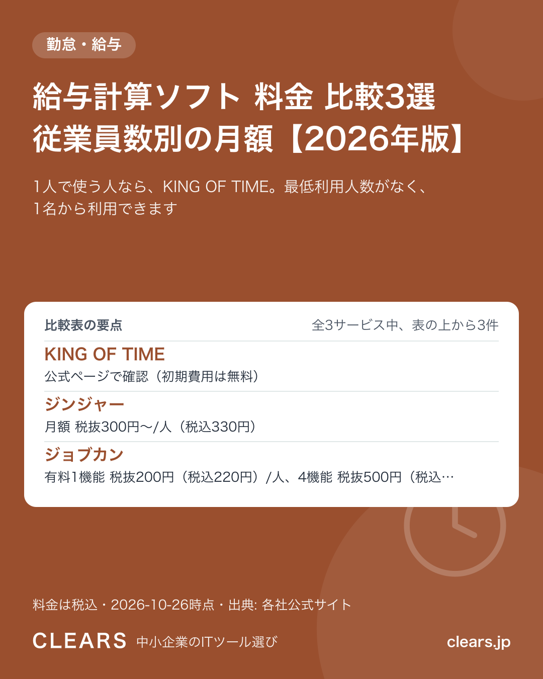 給与計算ソフト 料金 比較3選 従業員数別の月額【2026年版】の比較表の要点