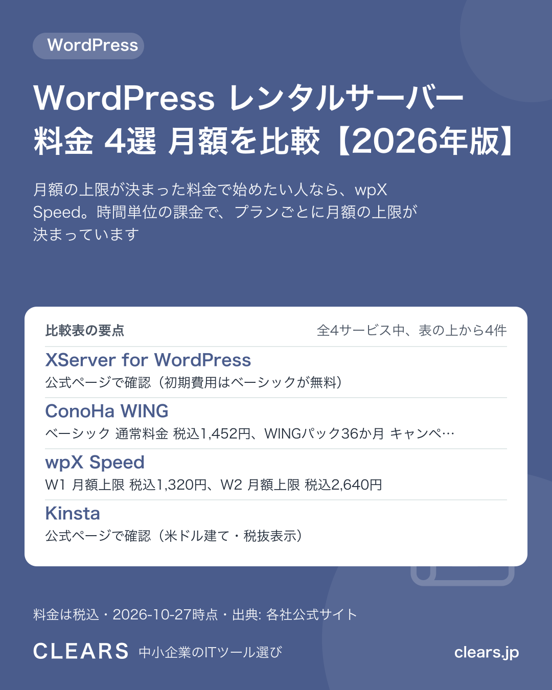 WordPress レンタルサーバー 料金 4選 月額を比較【2026年版】の比較表の要点