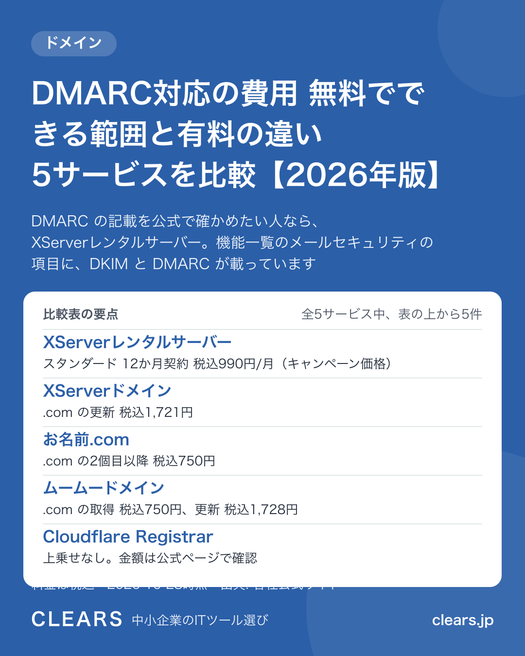 DMARC対応の費用 無料でできる範囲と有料の違い 5サービスを比較【2026年版】の比較表の要点