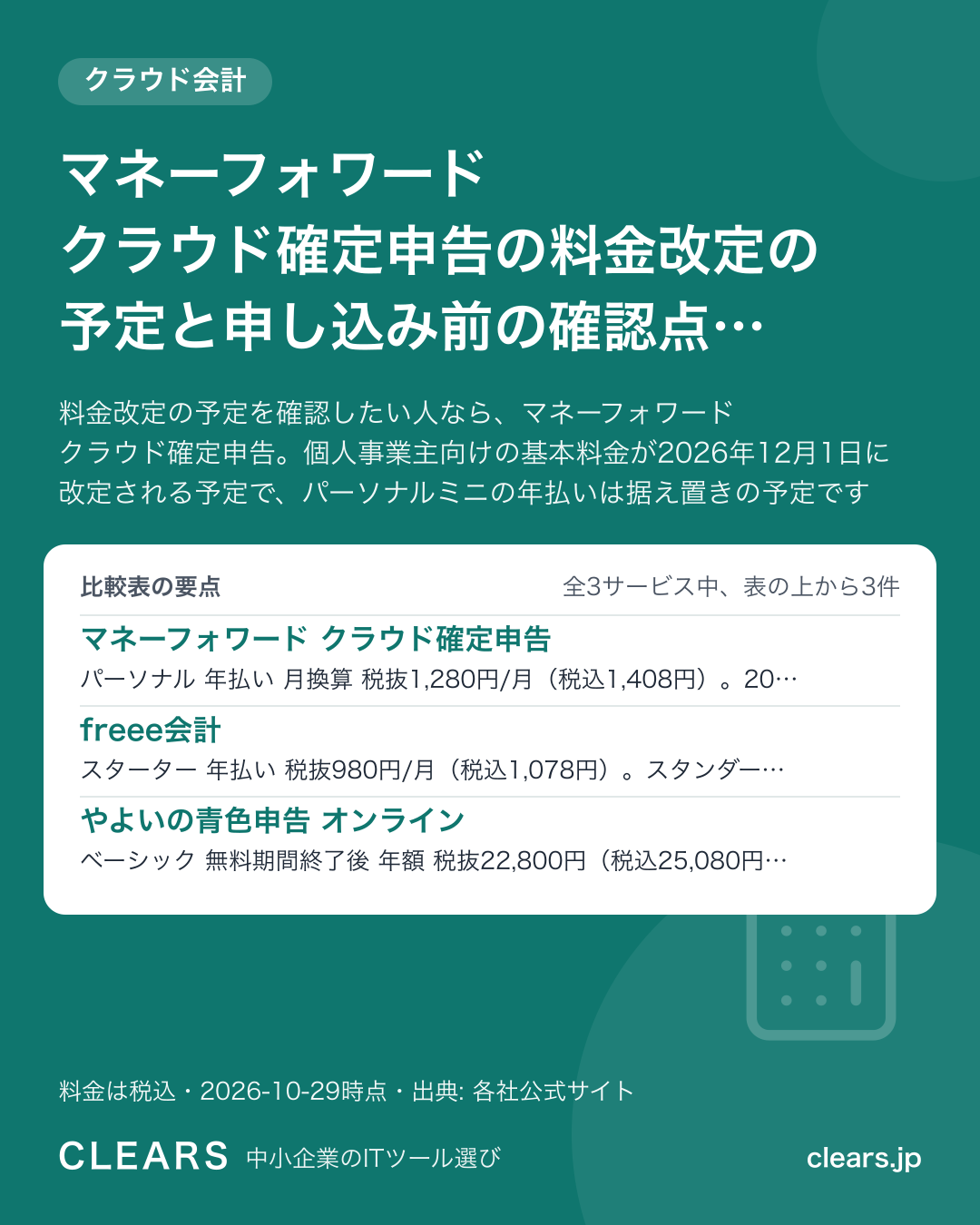 マネーフォワード クラウド確定申告の料金改定の予定と申し込み前の確認点 3サービスの料金を比較【2026年版】の比較表の要点
