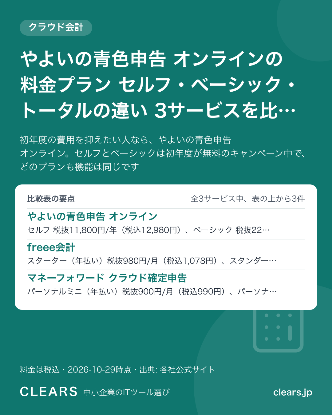 やよいの青色申告 オンラインの料金プラン セルフ・ベーシック・トータルの違い 3サービスを比較【2026年版】の比較表の要点