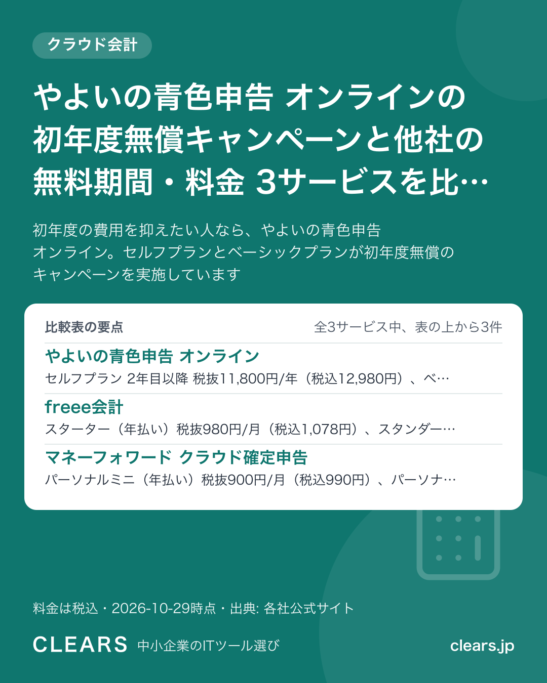 やよいの青色申告 オンラインの初年度無償キャンペーンと他社の無料期間・料金 3サービスを比較【2026年版】の比較表の要点