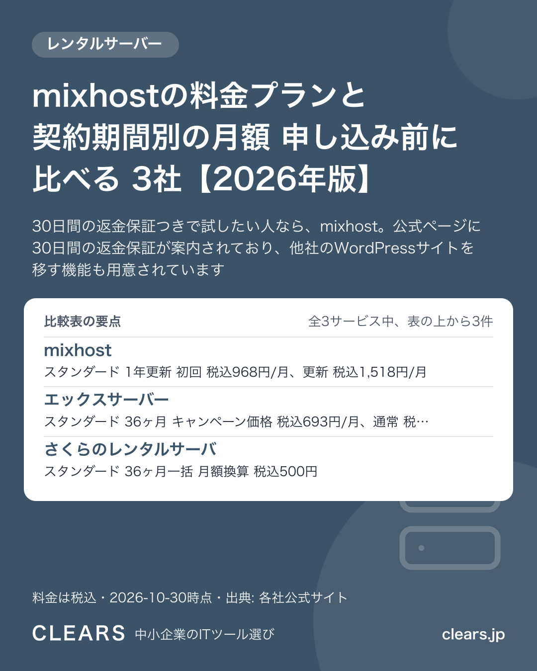 mixhostの料金プランと契約期間別の月額 申し込み前に比べる 3社【2026年版】の比較表の要点