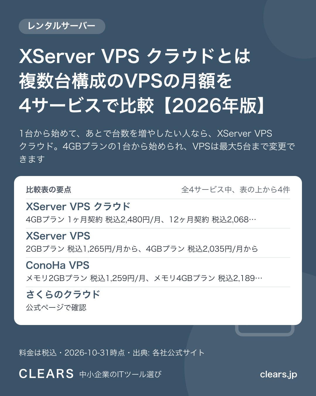 XServer VPS クラウドとは 複数台構成のVPSの月額を4サービスで比較【2026年版】の比較表の要点